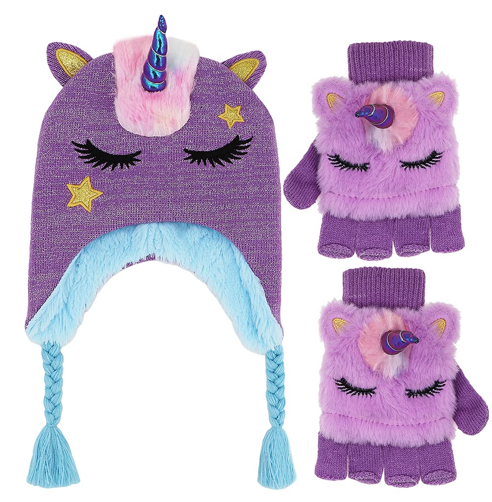 Kids Girls Cute Glitter Unicorn Beanie Winter Hat and Glove Set Knitted Earflap Cap Flip Top Mitten Set Purple