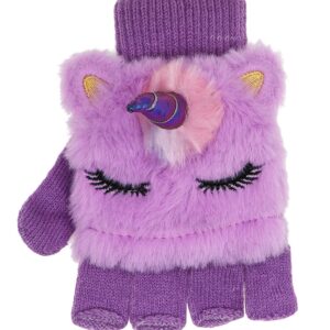 Kids Girls Cute Glitter Unicorn Beanie Winter Hat and Glove Set Knitted Earflap Cap Flip Top Mitten Set Purple