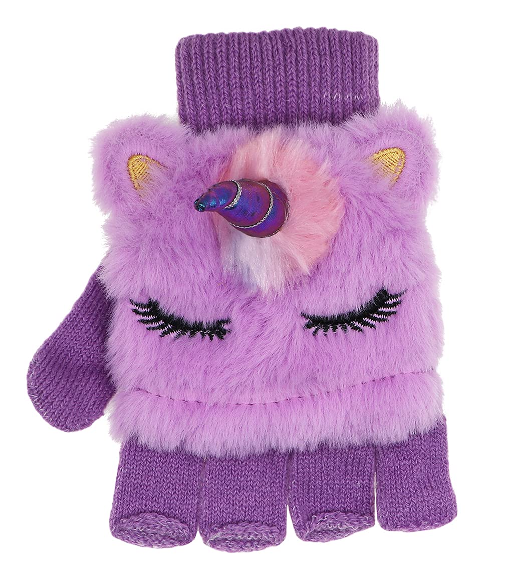 Kids Girls Cute Glitter Unicorn Beanie Winter Hat and Glove Set Knitted Earflap Cap Flip Top Mitten Set Purple