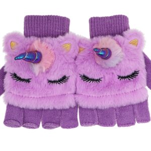 Kids Girls Cute Glitter Unicorn Beanie Winter Hat and Glove Set Knitted Earflap Cap Flip Top Mitten Set Purple