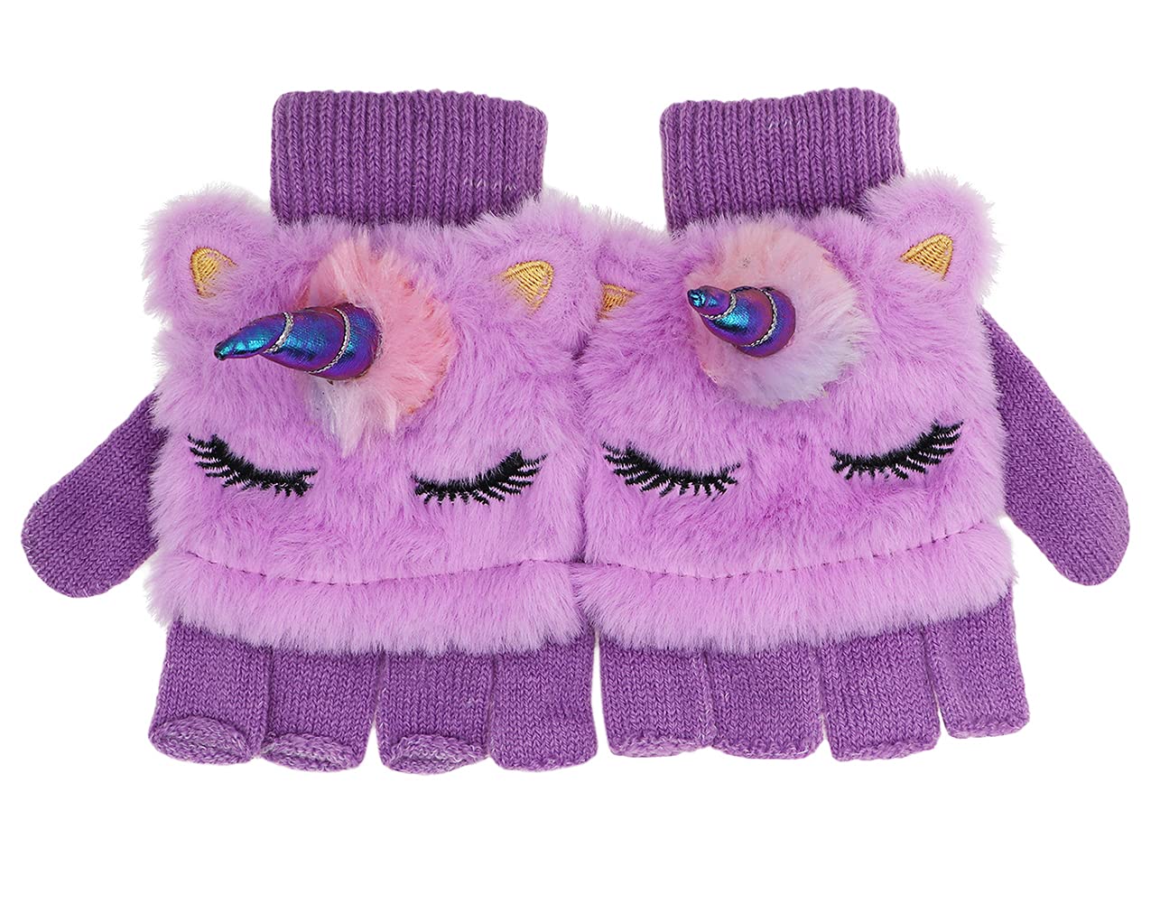 Kids Girls Cute Glitter Unicorn Beanie Winter Hat and Glove Set Knitted Earflap Cap Flip Top Mitten Set Purple