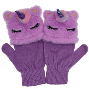 Kids Girls Cute Glitter Unicorn Beanie Winter Hat and Glove Set Knitted Earflap Cap Flip Top Mitten Set Purple