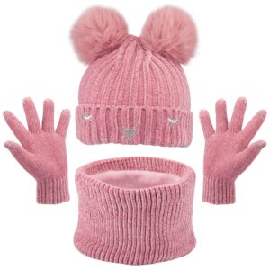 MAYLISACC Toddler Gloves Girl Hats and Gloves Set Kids 3 Pack Toddler Hat and Gloves Winter Warm Pom Beanie Hat Fleece Lined Neck Warmer Gloves Set Girls Hat Scarf and Glove set Scarfs for Girls Pink