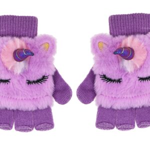 Kids Girls Cute Glitter Unicorn Beanie Winter Hat and Glove Set Knitted Earflap Cap Flip Top Mitten Set Purple