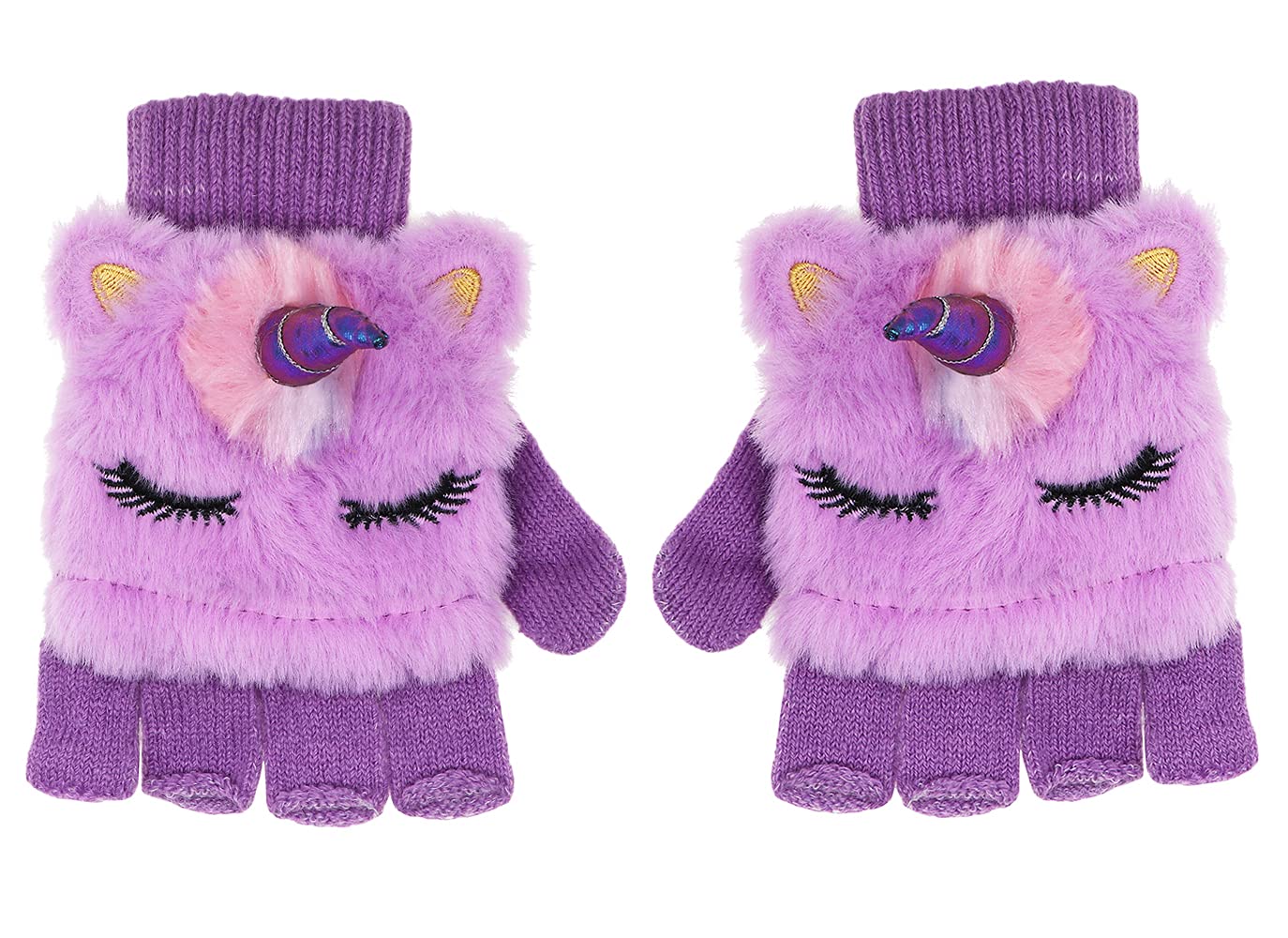 Kids Girls Cute Glitter Unicorn Beanie Winter Hat and Glove Set Knitted Earflap Cap Flip Top Mitten Set Purple