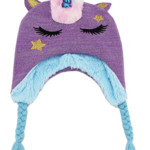 Kids Girls Cute Glitter Unicorn Beanie Winter Hat and Glove Set Knitted Earflap Cap Flip Top Mitten Set Purple