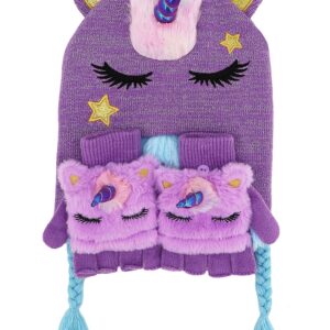 Kids Girls Cute Glitter Unicorn Beanie Winter Hat and Glove Set Knitted Earflap Cap Flip Top Mitten Set Purple