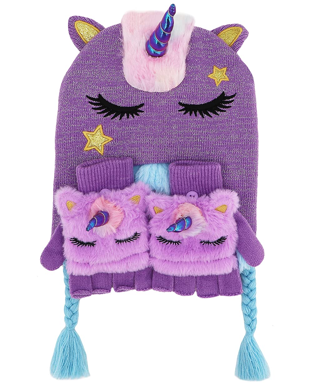 Kids Girls Cute Glitter Unicorn Beanie Winter Hat and Glove Set Knitted Earflap Cap Flip Top Mitten Set Purple