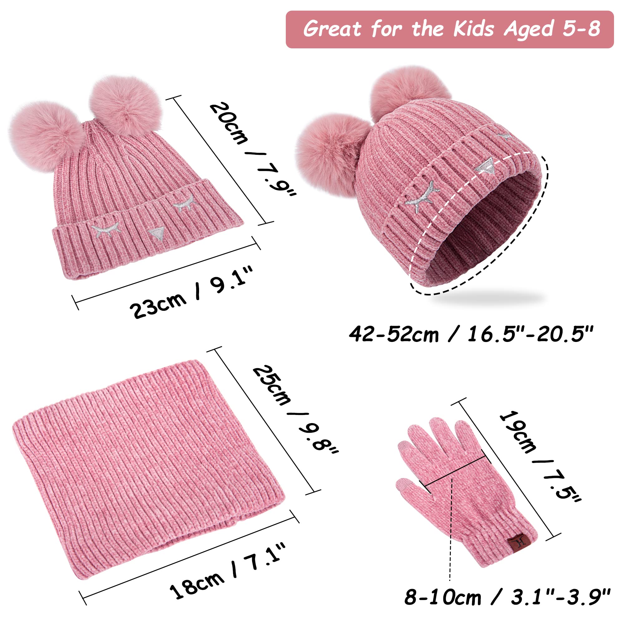 MAYLISACC Toddler Gloves Girl Hats and Gloves Set Kids 3 Pack Toddler Hat and Gloves Winter Warm Pom Beanie Hat Fleece Lined Neck Warmer Gloves Set Girls Hat Scarf and Glove set Scarfs for Girls Pink