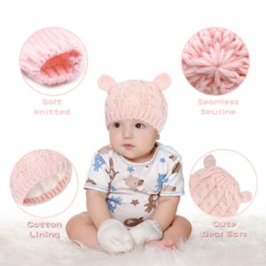 Unisex Baby Toddler Hat and Mitten Set Winter Knitted Thick Warm Beanie Cap Gloves for Infant Boys Girls (Pink, 0-3 Months)