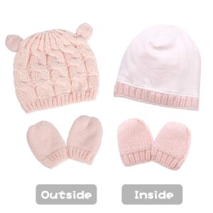 Unisex Baby Toddler Hat and Mitten Set Winter Knitted Thick Warm Beanie Cap Gloves for Infant Boys Girls (Pink, 0-3 Months)