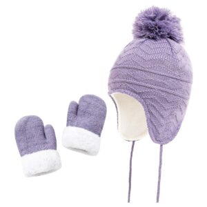 Toddler Hat and Mitten Set Girls Baby Kids Winter Hats Glove Knit Earflap Beanie Warm Fleece Cap