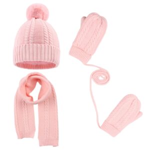 kids winter hat scarf mittens set toddler knitted beanie girls fleece children neck warmer boys warm gloves 2-7 years (light pink)