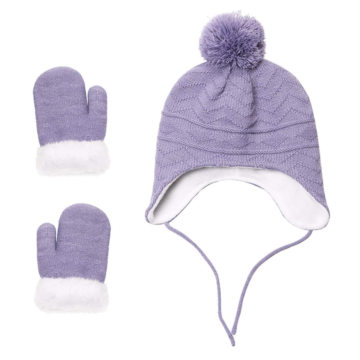 Toddler Hat and Mitten Set Girls Baby Kids Winter Hats Glove Knit Earflap Beanie Warm Fleece Cap