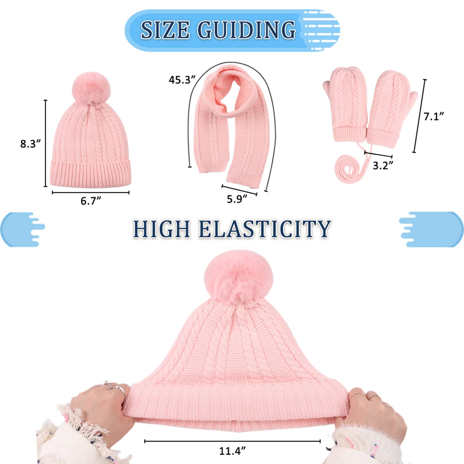 Kids Winter Hat Scarf Mittens Set Toddler Knitted Beanie Girls Fleece Children Neck Warmer Boys Warm Gloves 2-7 Years (Light Pink)