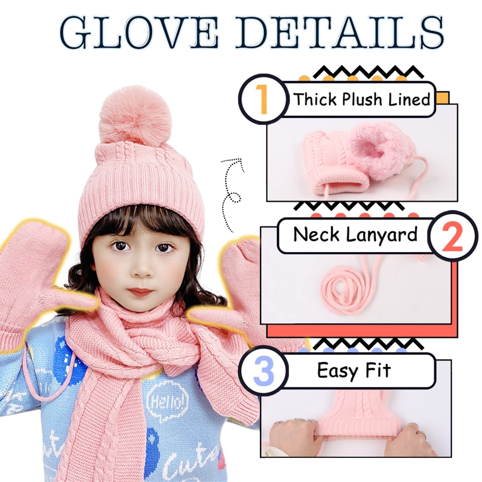 Kids Winter Hat Scarf Mittens Set Toddler Knitted Beanie Girls Fleece Children Neck Warmer Boys Warm Gloves 2-7 Years (Light Pink)