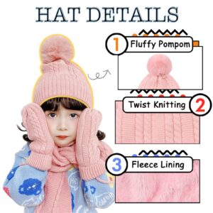 Kids Winter Hat Scarf Mittens Set Toddler Knitted Beanie Girls Fleece Children Neck Warmer Boys Warm Gloves 2-7 Years (Light Pink)