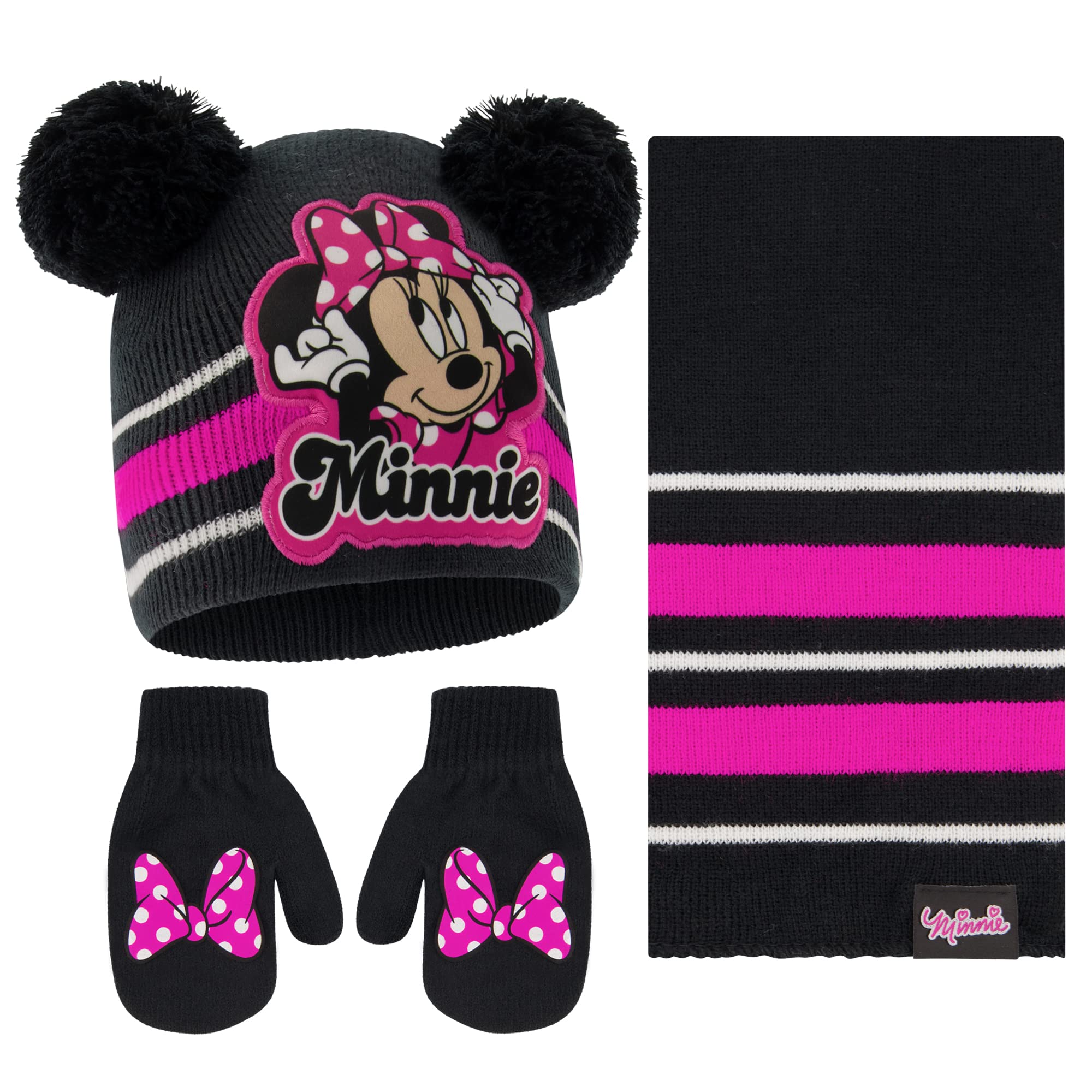 Disney Little Girls Toddler Winter, Scarf 2-4 Or Minnie Mouse Hat,Scarves & Kids Gloves 4-7, Black/Pink-Mittens Set, 2-4T