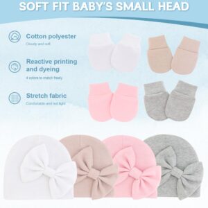 ZURLEFY Baby Girl Hats and Mittens Set for 0-6 Months, Newborn Hospital Hats with Bow for Infant Baby No Scratch Cotton Mittens Set(31-08)