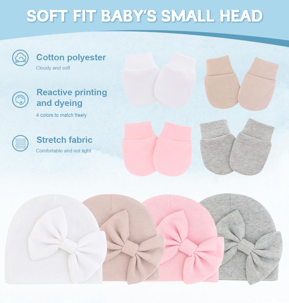 ZURLEFY Baby Girl Hats and Mittens Set for 0-6 Months, Newborn Hospital Hats with Bow for Infant Baby No Scratch Cotton Mittens Set(31-08)