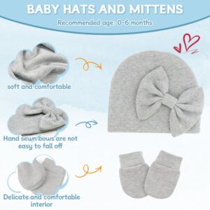 ZURLEFY Baby Girl Hats and Mittens Set for 0-6 Months, Newborn Hospital Hats with Bow for Infant Baby No Scratch Cotton Mittens Set(31-08)