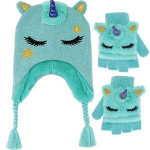 Kids Girls Cute Glitter Unicorn Beanie Winter Hat and Glove Set Knitted Earflap Cap Flip Top Mitten Set Blue