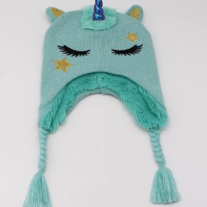 Kids Girls Cute Glitter Unicorn Beanie Winter Hat and Glove Set Knitted Earflap Cap Flip Top Mitten Set Blue