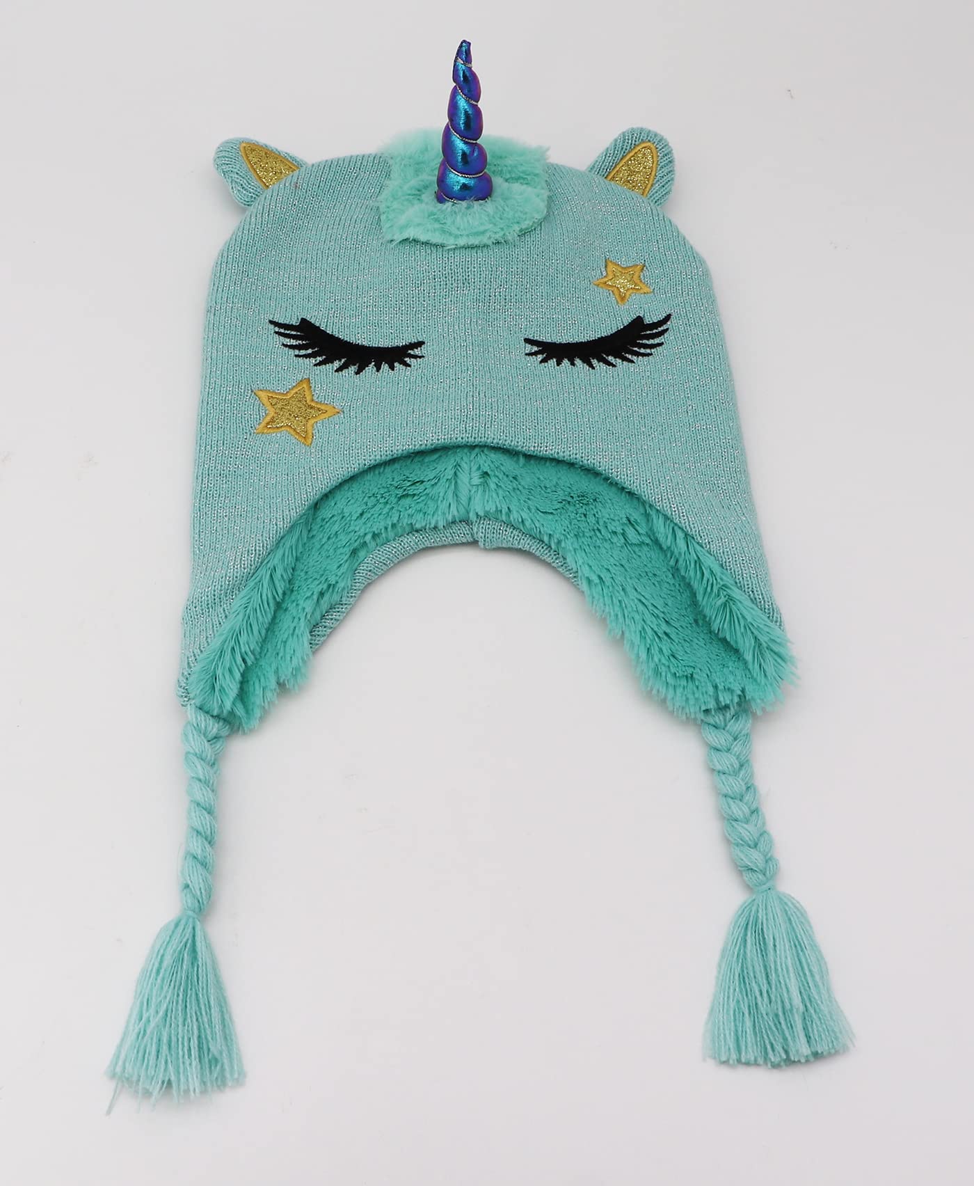 Kids Girls Cute Glitter Unicorn Beanie Winter Hat and Glove Set Knitted Earflap Cap Flip Top Mitten Set Blue