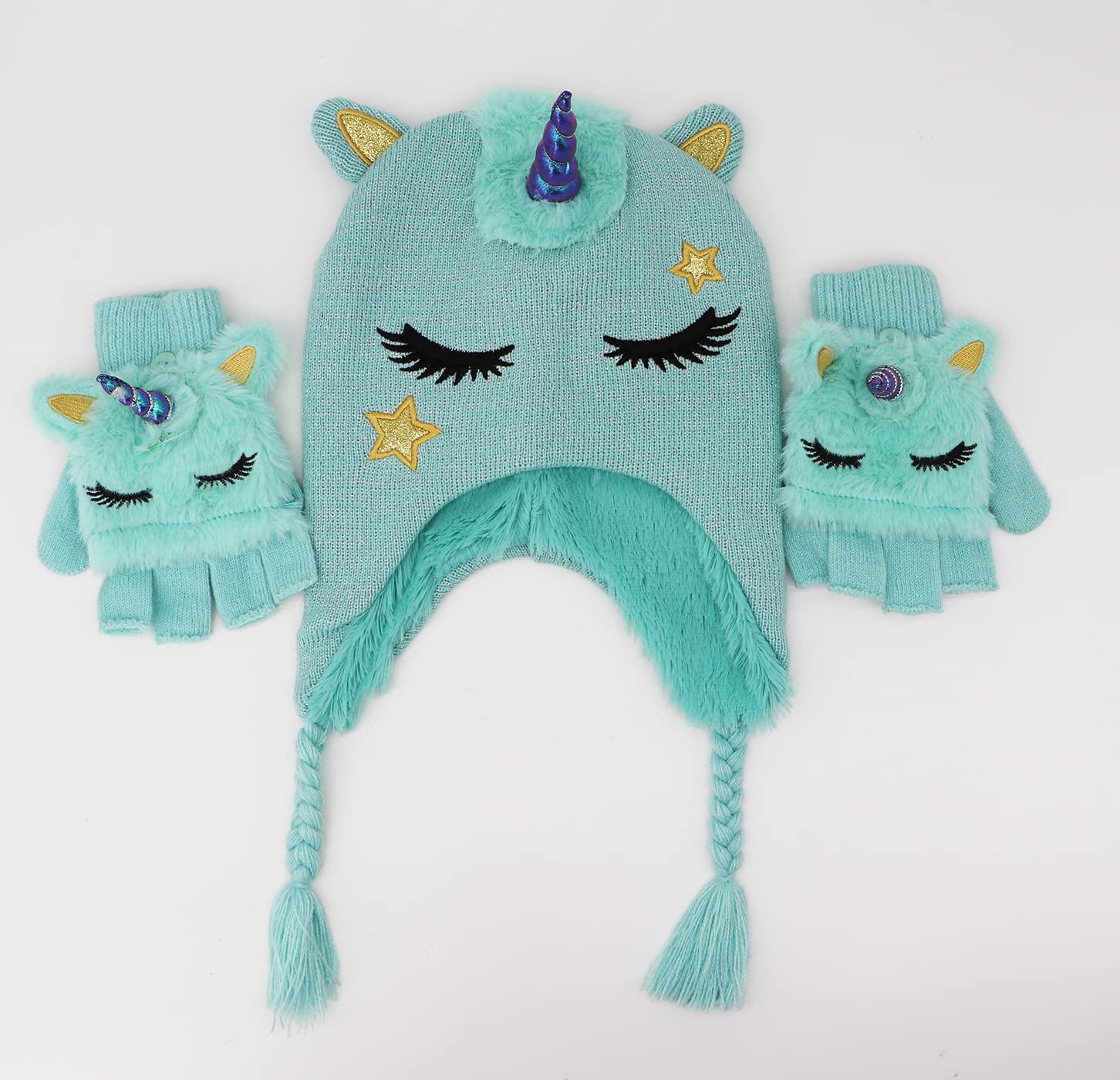 Kids Girls Cute Glitter Unicorn Beanie Winter Hat and Glove Set Knitted Earflap Cap Flip Top Mitten Set Blue