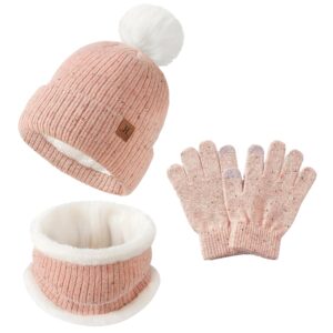 jastore 3 pcs toddler kids winter knitted beanie hat scarf gloves set warm soft thick fleece lining for girls(pink)