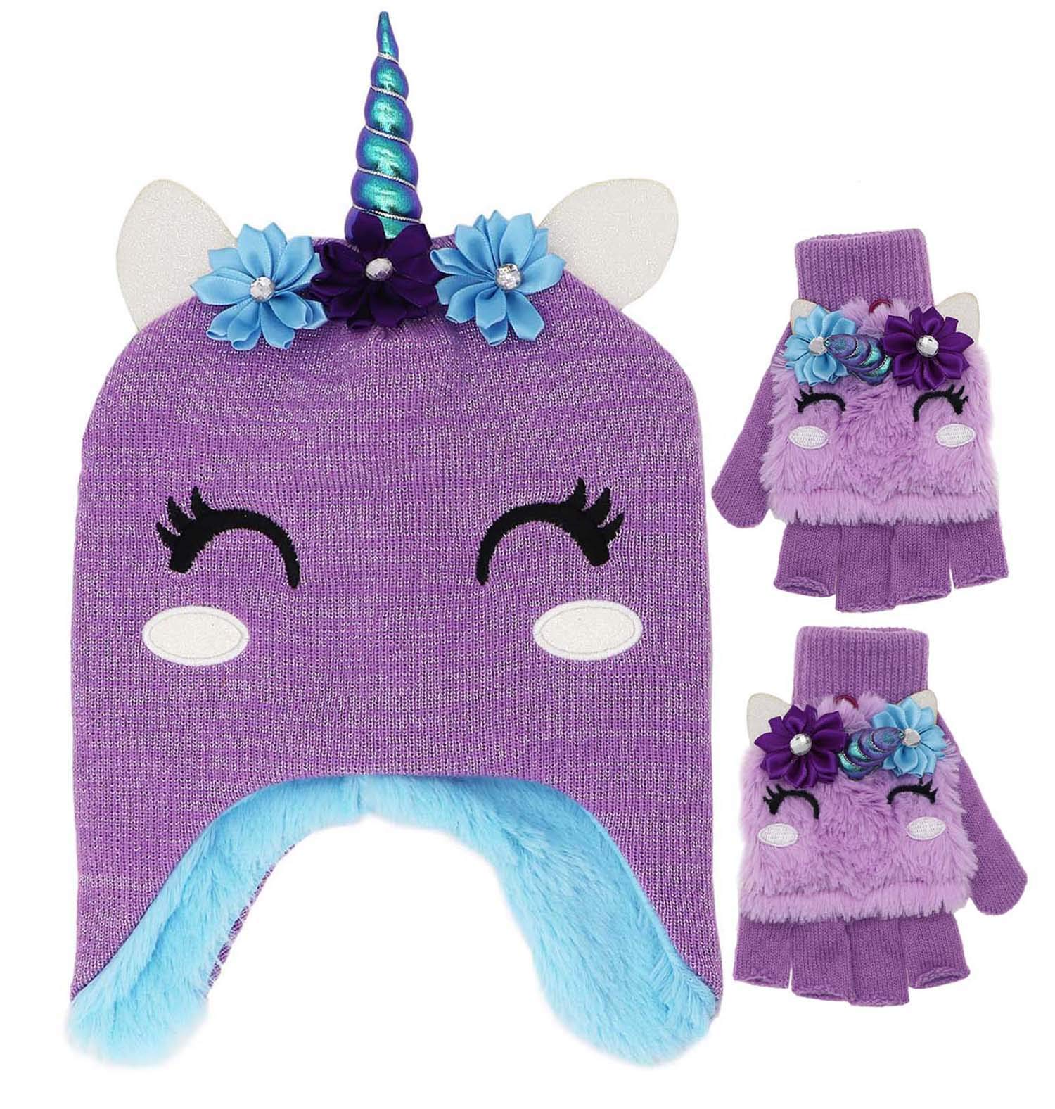 Little Girls Winter Unicorn Beanie Hat and Gloves Set Kids Knitted Earflap Cap Flip Top Mitten Set