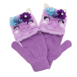 Little Girls Winter Unicorn Beanie Hat and Gloves Set Kids Knitted Earflap Cap Flip Top Mitten Set