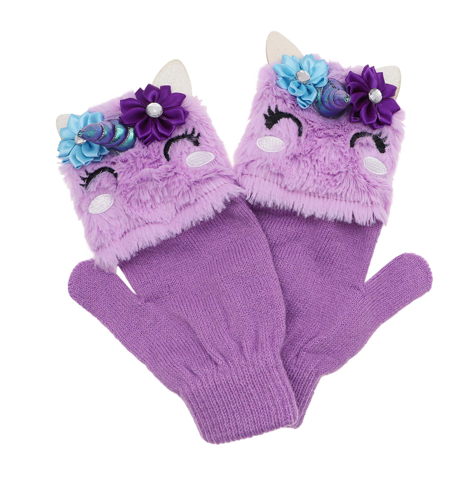 Little Girls Winter Unicorn Beanie Hat and Gloves Set Kids Knitted Earflap Cap Flip Top Mitten Set