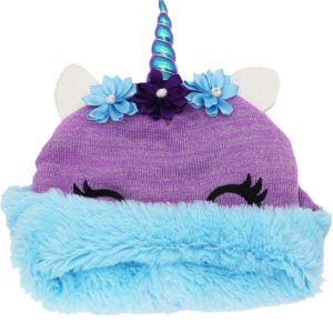 Little Girls Winter Unicorn Beanie Hat and Gloves Set Kids Knitted Earflap Cap Flip Top Mitten Set