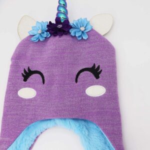 Little Girls Winter Unicorn Beanie Hat and Gloves Set Kids Knitted Earflap Cap Flip Top Mitten Set