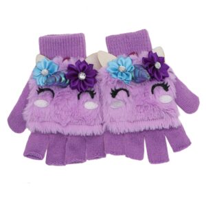 Little Girls Winter Unicorn Beanie Hat and Gloves Set Kids Knitted Earflap Cap Flip Top Mitten Set