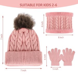 Kids Winter Beanie Hat Scarf Gloves Set for 2-6 Years Old, Toddler Winter Knit Hat Gloves Neck Warmer with Fleece Lined (pink)