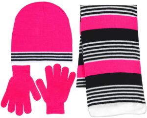 girl's 3 piece knit hat, scarf & gloves set (pink-black), osfm