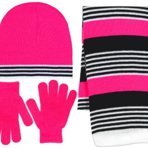 Girl's 3 Piece Knit Hat, Scarf & Gloves Set (Pink-Black), OSFM