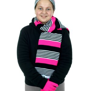 Girl's 3 Piece Knit Hat, Scarf & Gloves Set (Pink-Black), OSFM