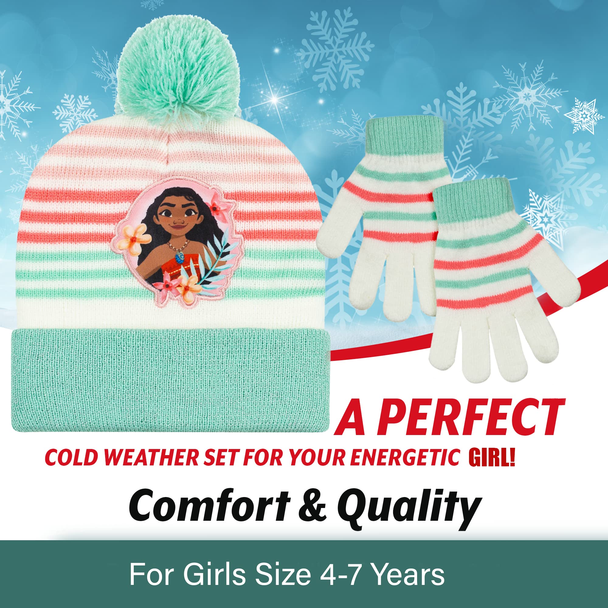 Disney Moana Girls Beanie Winter Hat and Mittens Cold Weather Set, Age 4-7 years