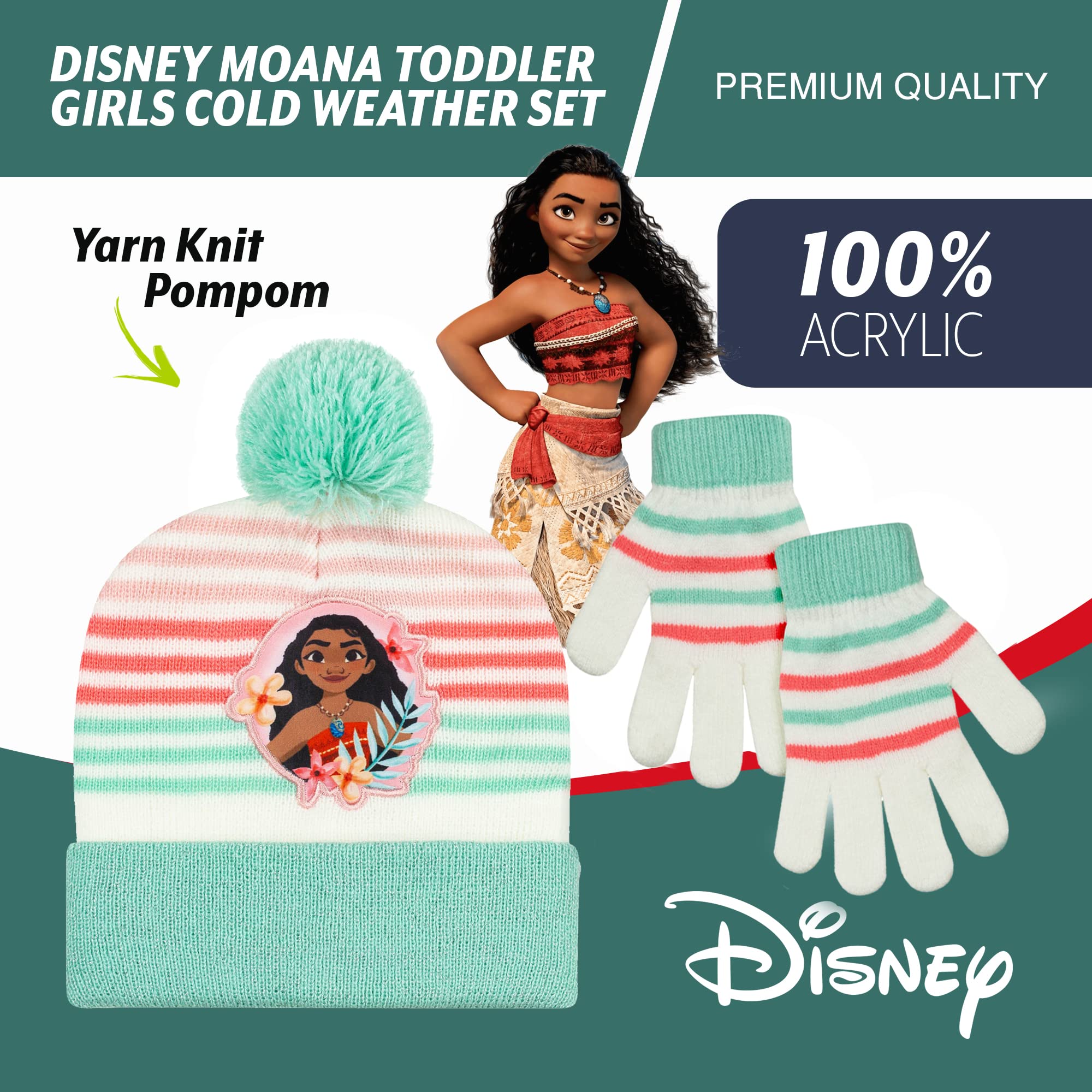 Disney Moana Girls Beanie Winter Hat and Mittens Cold Weather Set, Age 4-7 years