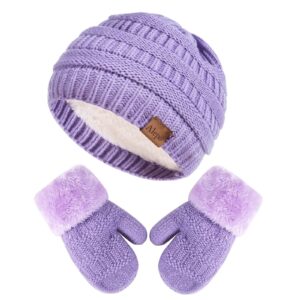 winter mittens gloves beanie hat set for kids baby toddler children, unisex cute thick warm knit fleece lined thermal set for boys girls(purple)