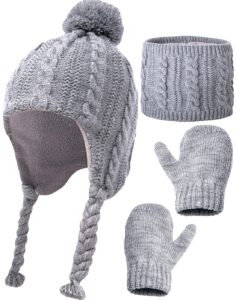 kmoly kids winter hat scarf gloves set for girls boys 3-8 years,toddler earflap beanie neck warmer mittens fleece lined set grey