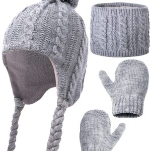 KMOLY Kids Winter Hat Scarf Gloves Set for Girls Boys 3-8 Years,Toddler Earflap Beanie Neck Warmer Mittens Fleece Lined Set Grey