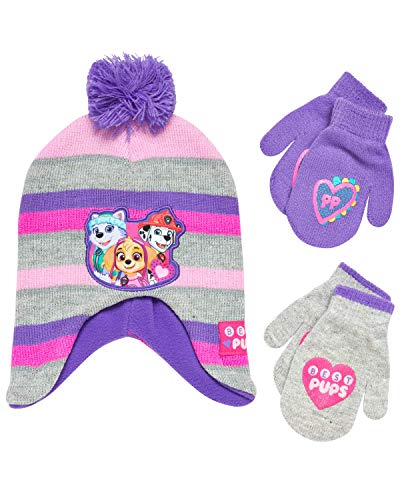 Nickelodeon Paw Patrol Girls Winter Hat and 2 Pair Mittens or Gloves (Age 2-7), Size Age 2-4, Paw Patrol Purple/Grey Mitten 2-4