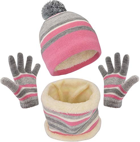 Girls Winter Hat Scarf and Glove Set for 3-7 Years Old Toddler Daughter Soft Fleece Lined Pom Beanie with Gloves