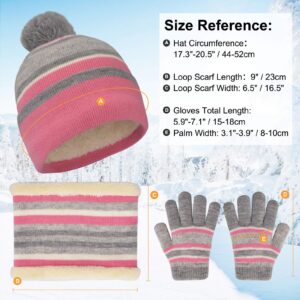 Girls Winter Hat Scarf and Glove Set for 3-7 Years Old Toddler Daughter Soft Fleece Lined Pom Beanie with Gloves