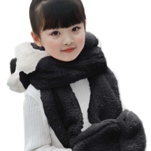 Kids Toddler Cartoon Fleece Hat Gloves Scarf 3 in 1 Set Girls Boys Winter Cute Warm Long Hoodie Earflap Hat A-Black