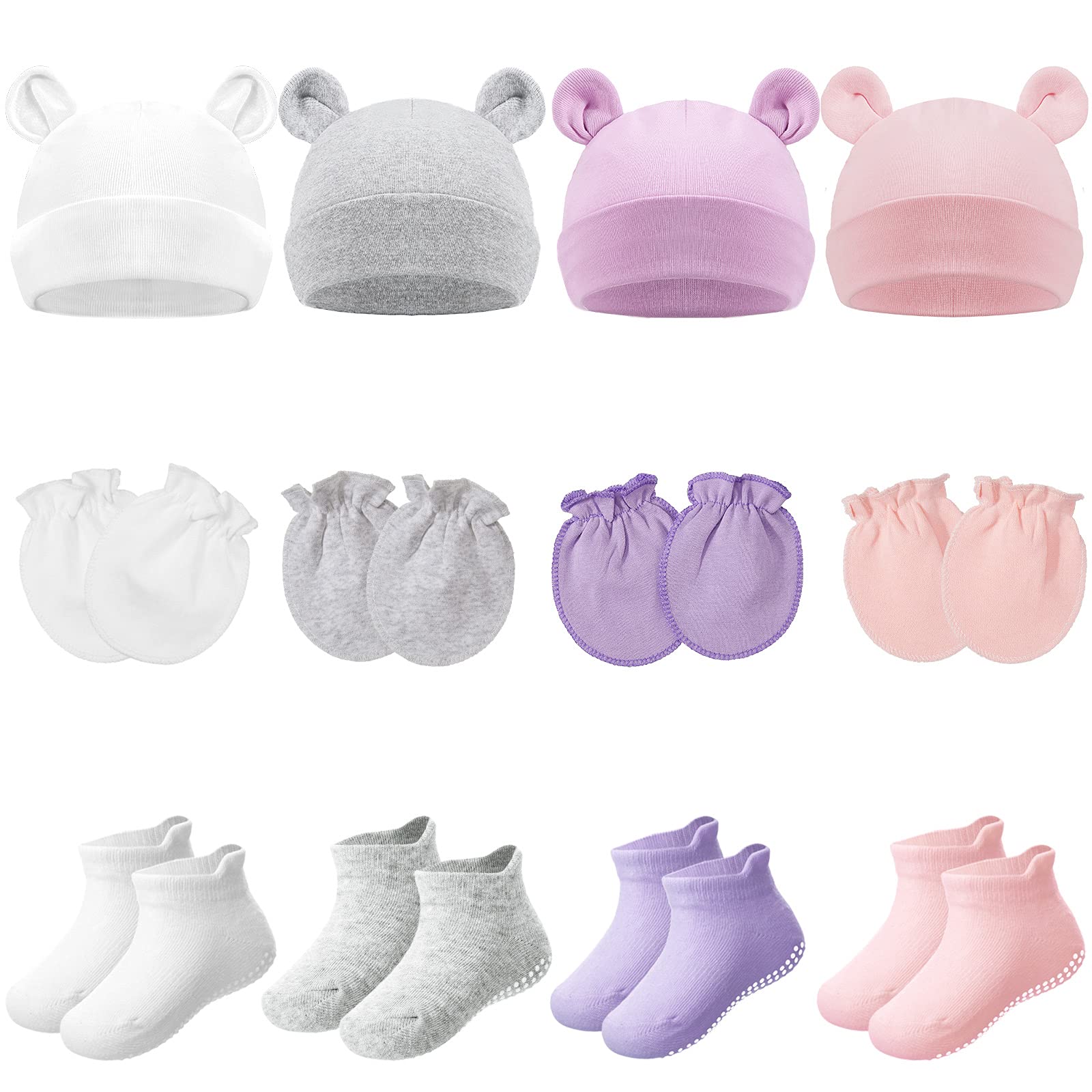 4 Sets Newborn Baby Hat and Mittens Toddler Beanie Cap Non Slip Socks for 0-6 Months (White, Gray, Pink, Purple)